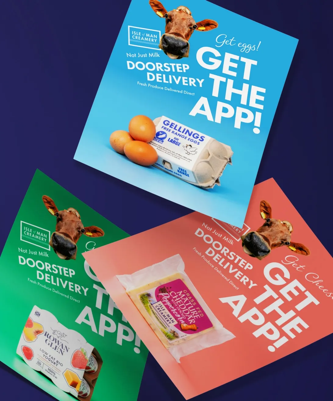 Campaign Materials for Isle of Man Creamery's Doorstep Delivery in blue, pink and green
